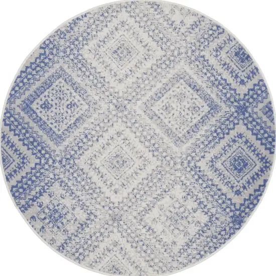 5' Ivory and Blue Geometric Distressed Round Rug Photo 5