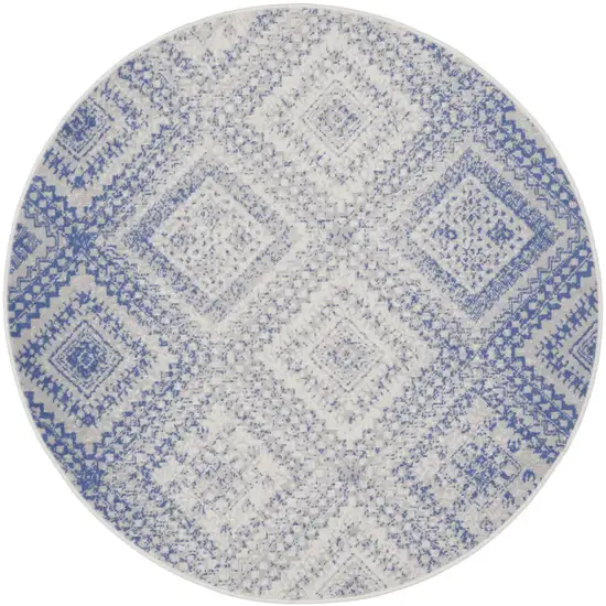 5' Ivory and Blue Geometric Distressed Round Rug Photo 6