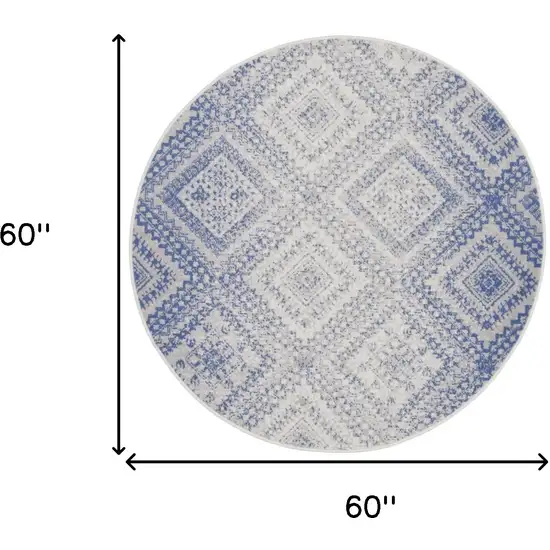 5' Ivory and Blue Geometric Distressed Round Rug Photo 3