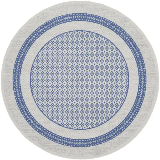 8' Ivory and Blue Geometric Distressed Round Rug Photo 2