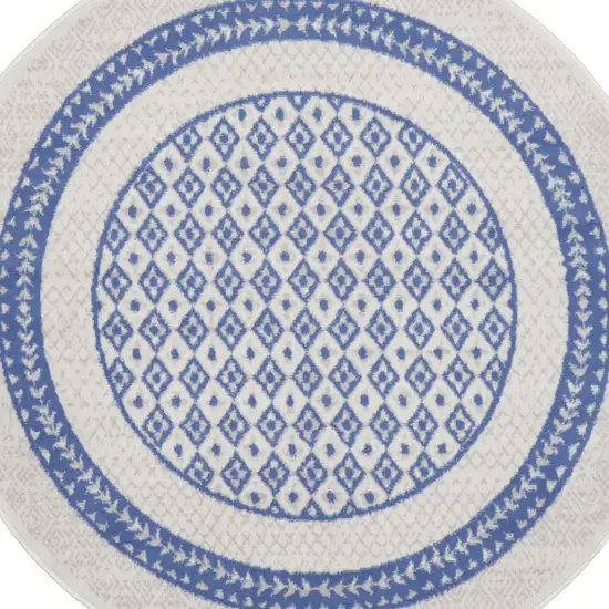 5' Ivory and Blue Geometric Distressed Round Rug Photo 8