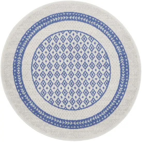 5' Ivory and Blue Geometric Distressed Round Rug Photo 2