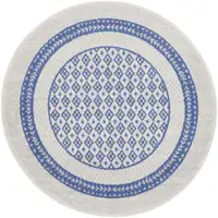 Photo of 5' Ivory and Blue Geometric Distressed Round Rug