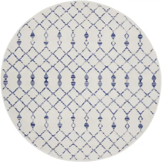 5' Ivory and Blue Geometric Round Rug Photo 2