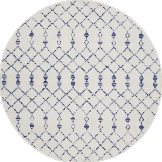 5' Ivory and Blue Geometric Round Rug Photo 6