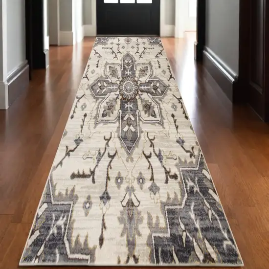 10' Ivory Gray and Black Floral Medallion Power Loom Runner Rug Photo 1