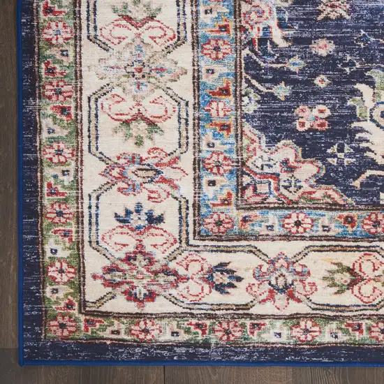 8' Ivory and Blue Oriental Distressed Non Skid Runner Rug Photo 4