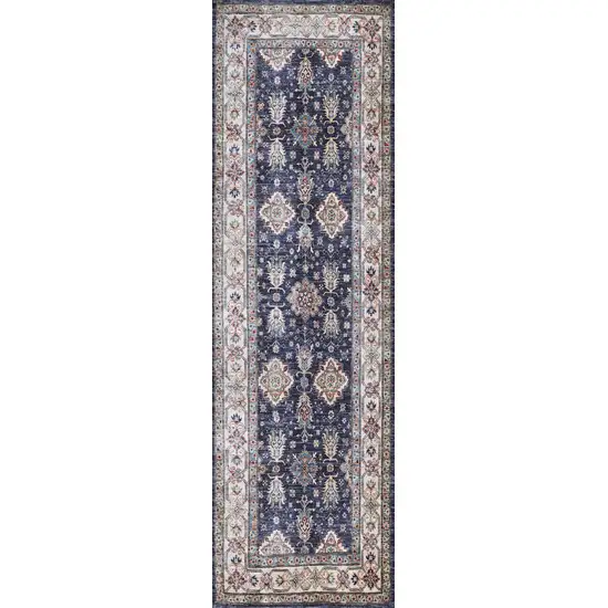 8' Ivory and Blue Oriental Distressed Non Skid Runner Rug Photo 2