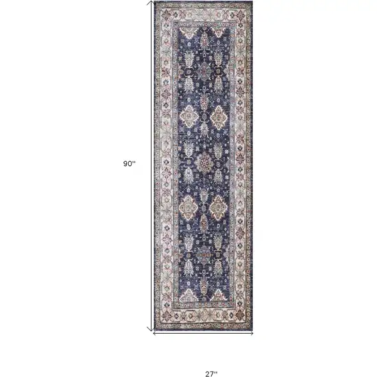 8' Ivory and Blue Oriental Distressed Non Skid Runner Rug Photo 3