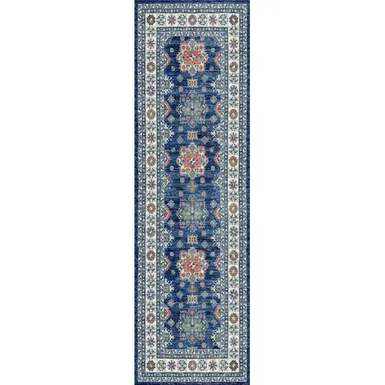 8' Ivory and Blue Oriental Distressed Non Skid Runner Rug Photo 8