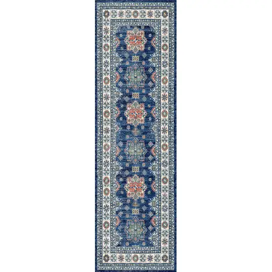 8' Ivory and Blue Oriental Distressed Non Skid Runner Rug Photo 2