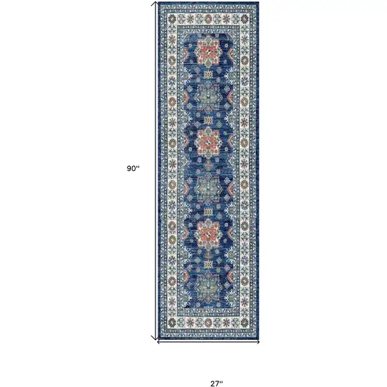 8' Ivory and Blue Oriental Distressed Non Skid Runner Rug Photo 3