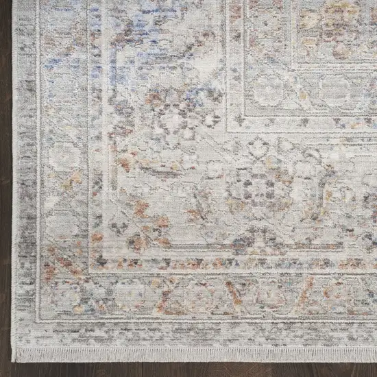 12' Ivory and Blue Oriental Power Loom Distressed Runner Rug With Fringe Photo 6