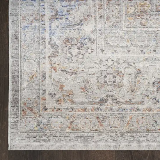 12' Ivory and Blue Oriental Power Loom Distressed Runner Rug With Fringe Photo 1