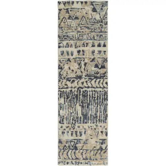 8' Ivory and Blue Wool Geometric Hand Knotted Runner Rug Photo 2