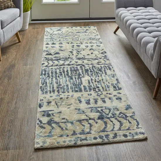 8' Ivory and Blue Wool Geometric Hand Knotted Runner Rug Photo 5