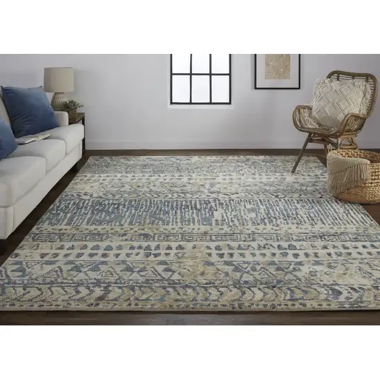 8' Ivory and Blue Wool Geometric Hand Knotted Runner Rug Photo 4