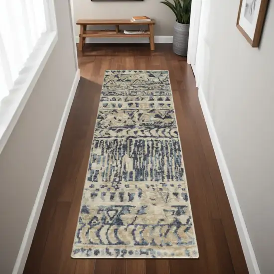 8' Ivory and Blue Wool Geometric Hand Knotted Runner Rug Photo 1