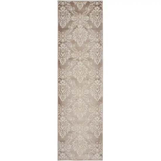 8' Ivory and Brown Damask Distressed Non Skid Runner Rug Photo 6