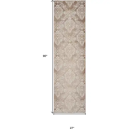 8' Ivory and Brown Damask Distressed Non Skid Runner Rug Photo 8