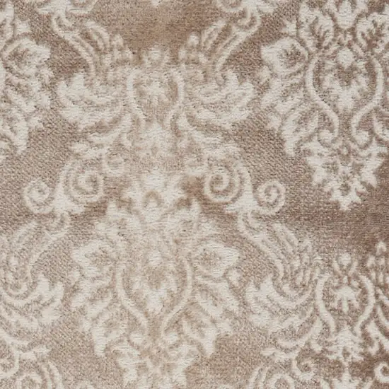 8' Ivory and Brown Damask Distressed Non Skid Runner Rug Photo 5