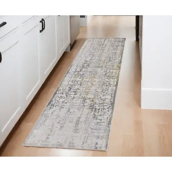 8' Ivory and Gray Abstract Distressed Runner Rug Photo 1