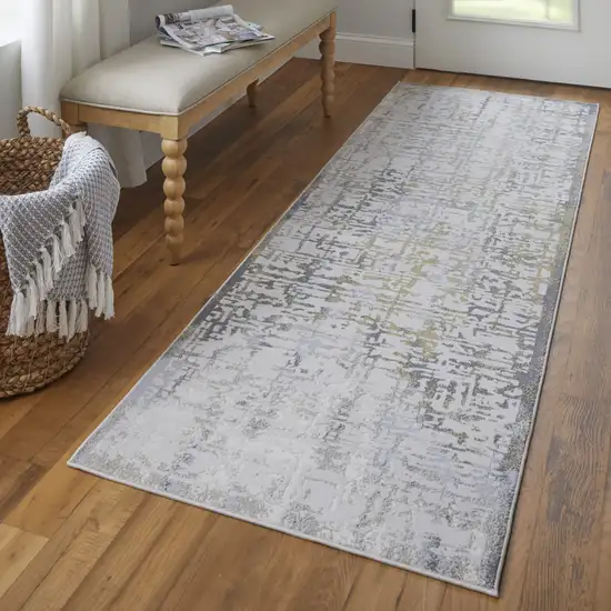 8' Ivory and Gray Abstract Distressed Runner Rug Photo 6