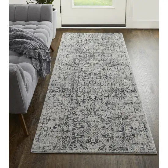 10' Ivory and Gray Abstract Power Loom Worn Faded Runner Rug With Fringe Photo 5