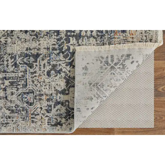 12' Ivory and Gray Abstract Power Loom Worn Faded Runner Rug With Fringe Photo 8