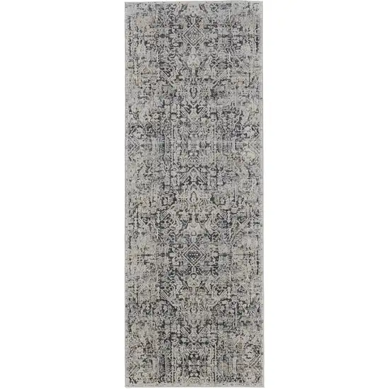 12' Ivory and Gray Abstract Power Loom Worn Faded Runner Rug With Fringe Photo 2