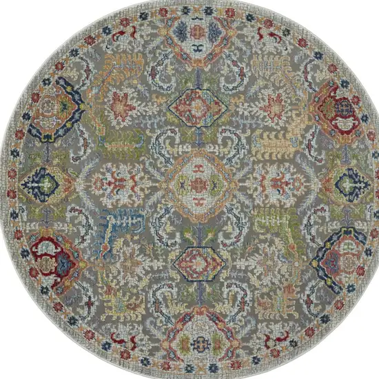 4' Ivory and Gray Floral Distressed Non Skid Round Rug Photo 8