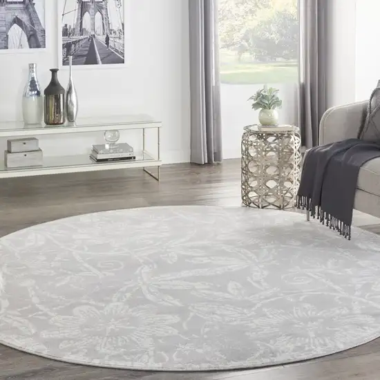 8' Ivory and Gray Floral Distressed Round Rug Photo 6