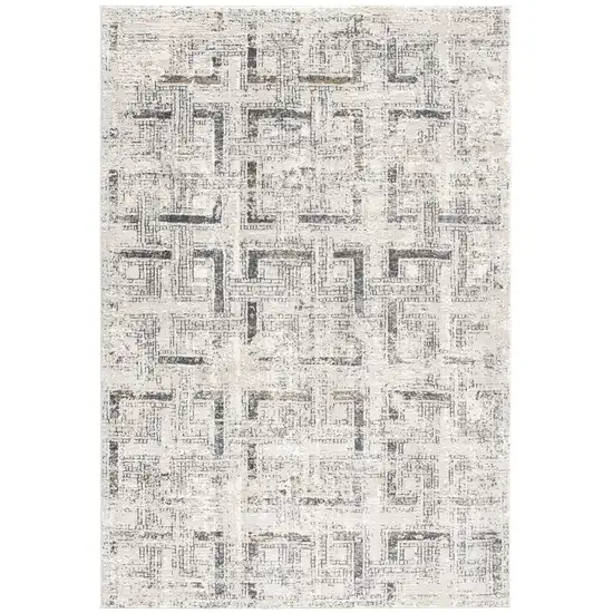 10' Ivory and Gray Geometric Distressed Runner Rug Photo 2