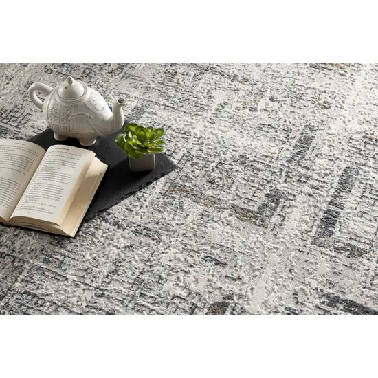 10' Ivory and Gray Geometric Distressed Runner Rug Photo 5