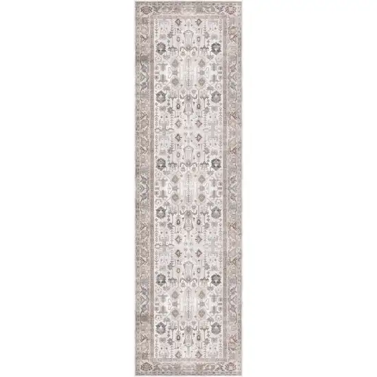 8' Ivory and Gray Tribal Distressed Non Skid Runner Rug Photo 2