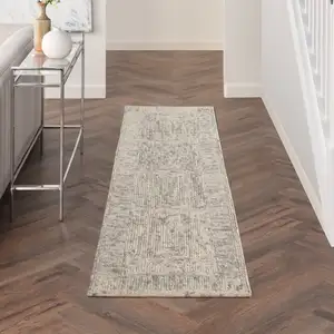 Photo of 8' Ivory and Gray Wool Geometric Runner Rug