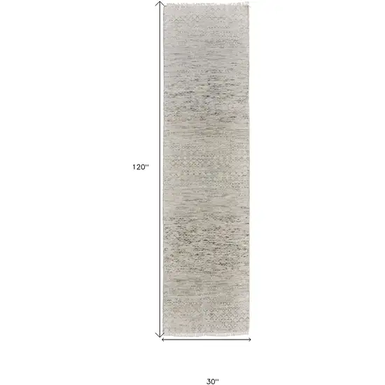 10' Ivory and Gray Wool Hand Knotted Runner Rug With Fringe Photo 3