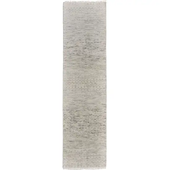 10' Ivory and Gray Wool Hand Knotted Runner Rug With Fringe Photo 2