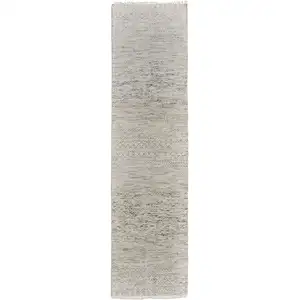 Photo of 10' Ivory and Gray Wool Hand Knotted Runner Rug With Fringe