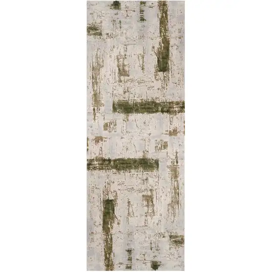 8' Ivory and Green Abstract Power Loom Distressed Runner Rug Photo 5