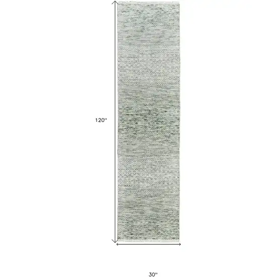 10' Ivory and Green Wool Hand Knotted Runner Rug With Fringe Photo 3