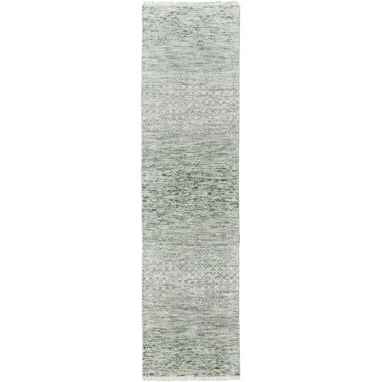 10' Ivory and Green Wool Hand Knotted Runner Rug With Fringe Photo 2