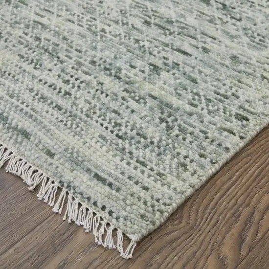 10' Ivory and Green Wool Hand Knotted Runner Rug With Fringe Photo 6