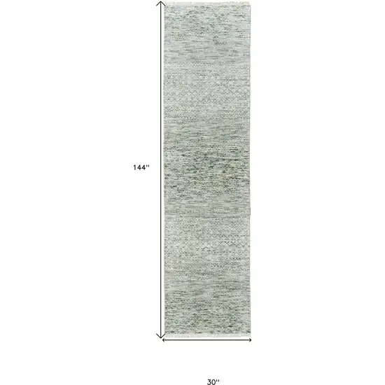 12' Ivory and Green Wool Hand Knotted Runner Rug With Fringe Photo 3