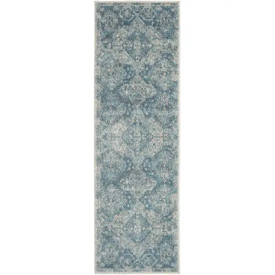 7' Ivory and Light Blue Geometric Distressed Runner Rug Photo 2