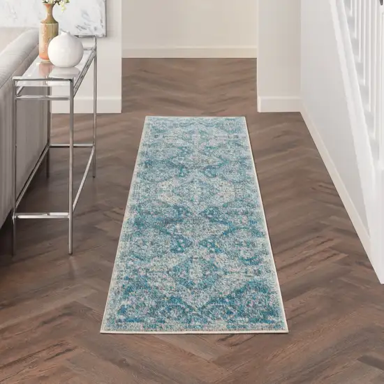 7' Ivory and Light Blue Geometric Distressed Runner Rug Photo 8