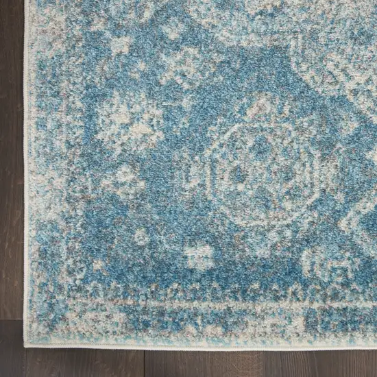 7' Ivory and Light Blue Geometric Distressed Runner Rug Photo 4