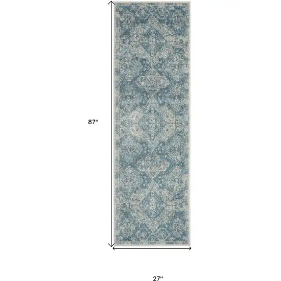 7' Ivory and Light Blue Geometric Distressed Runner Rug Photo 3