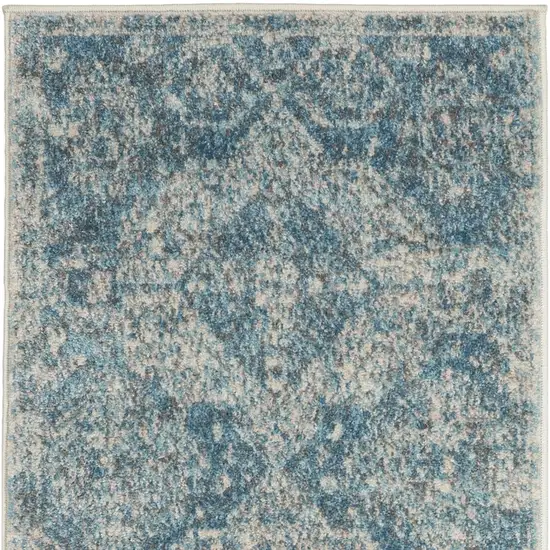 7' Ivory and Light Blue Geometric Distressed Runner Rug Photo 7