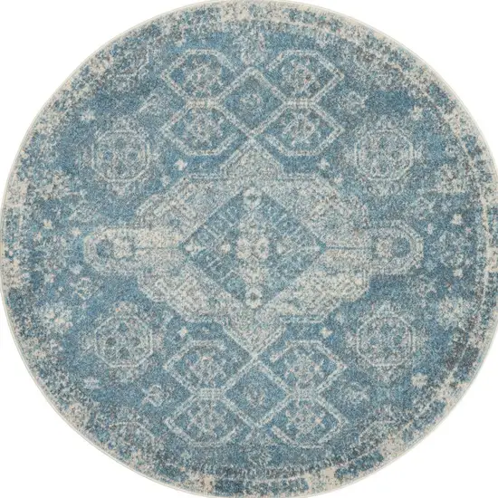 5' Ivory and Light Blue Oriental Distressed Round Rug Photo 6